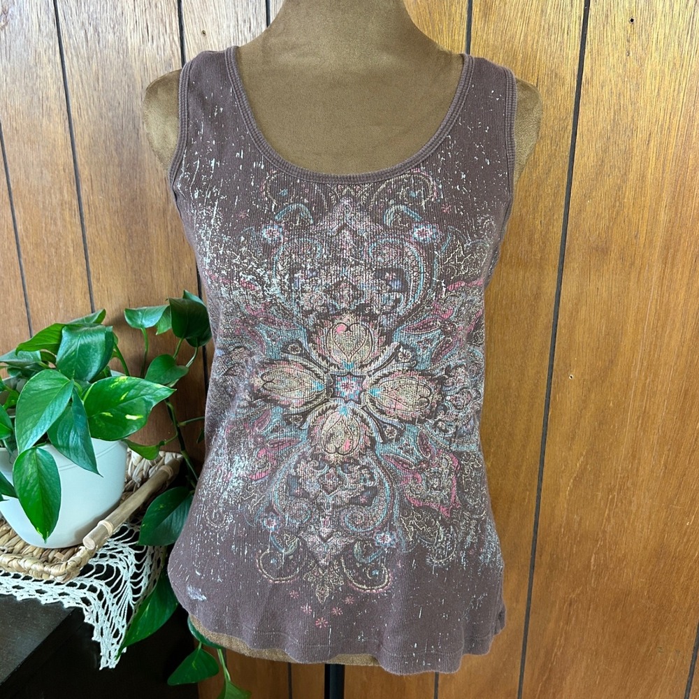 B. MOSS Brown Distressed Paisley Mandala Print Ribbed Tank Top Women's M